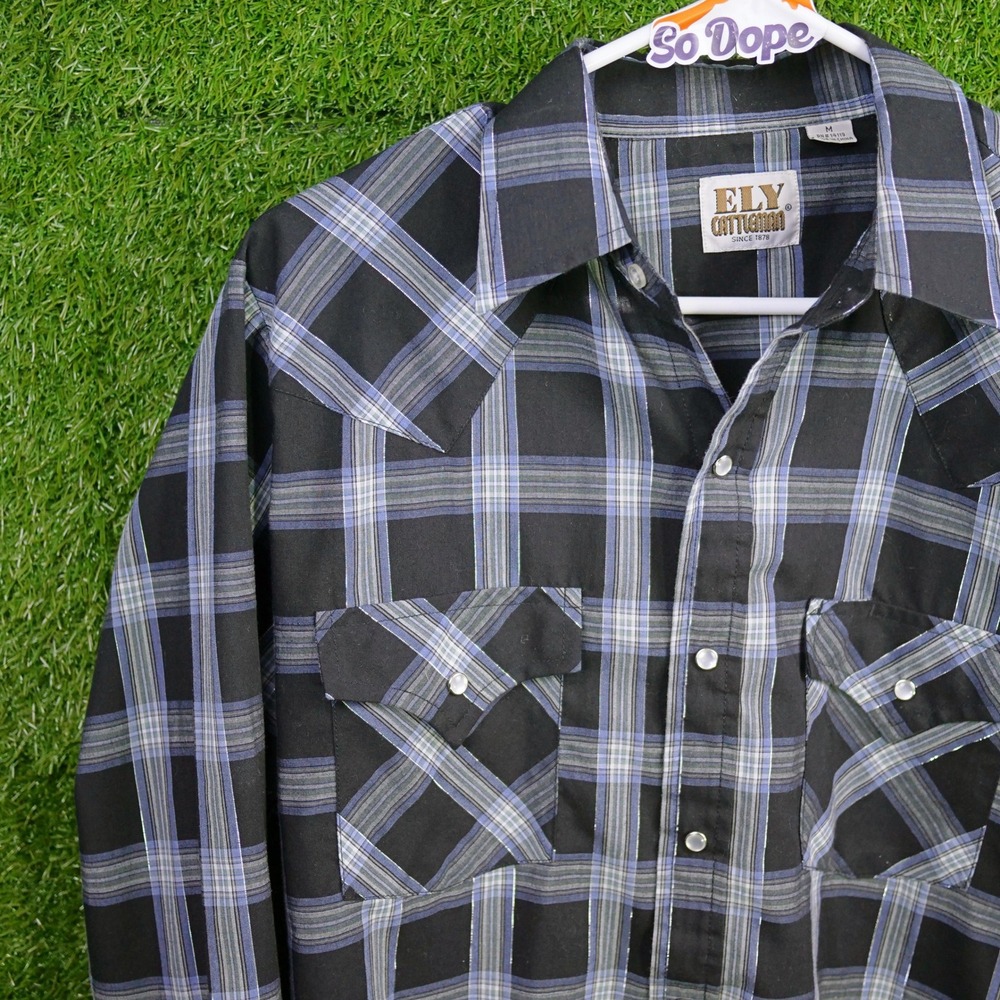 Ely Cattleman Western Shirt Black Blue Plaid Metallic - Mens Size M